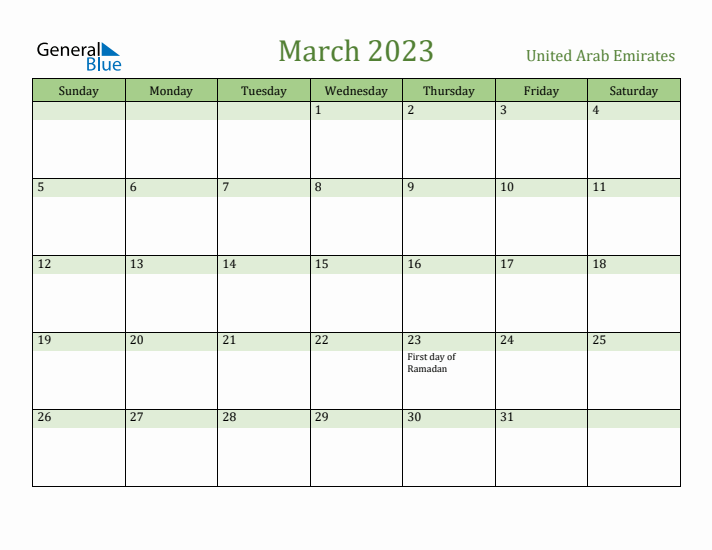 March 2023 Calendar with United Arab Emirates Holidays