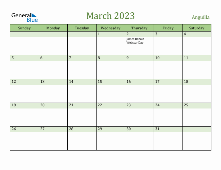 March 2023 Calendar with Anguilla Holidays