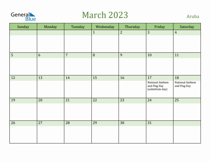 March 2023 Calendar with Aruba Holidays