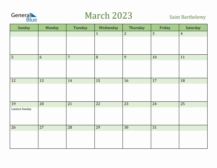 March 2023 Calendar with Saint Barthelemy Holidays