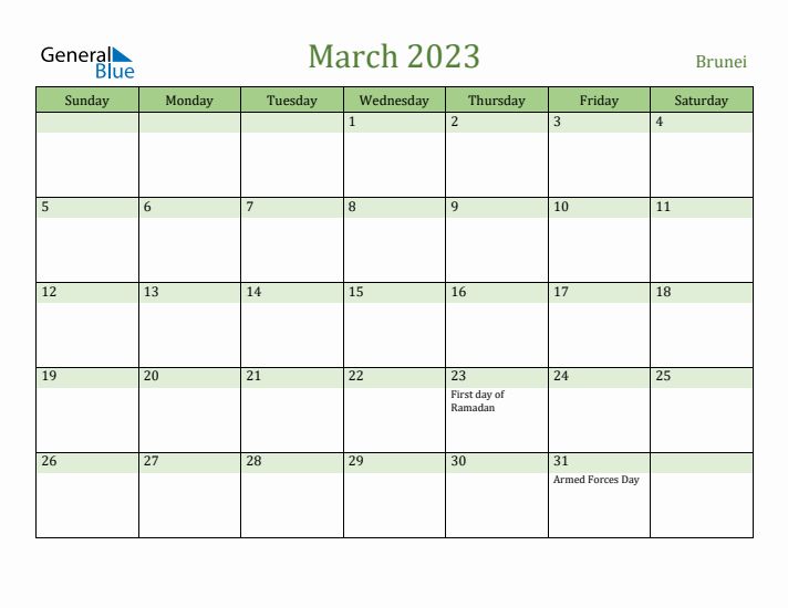 March 2023 Calendar with Brunei Holidays