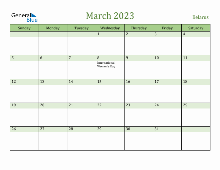 March 2023 Calendar with Belarus Holidays