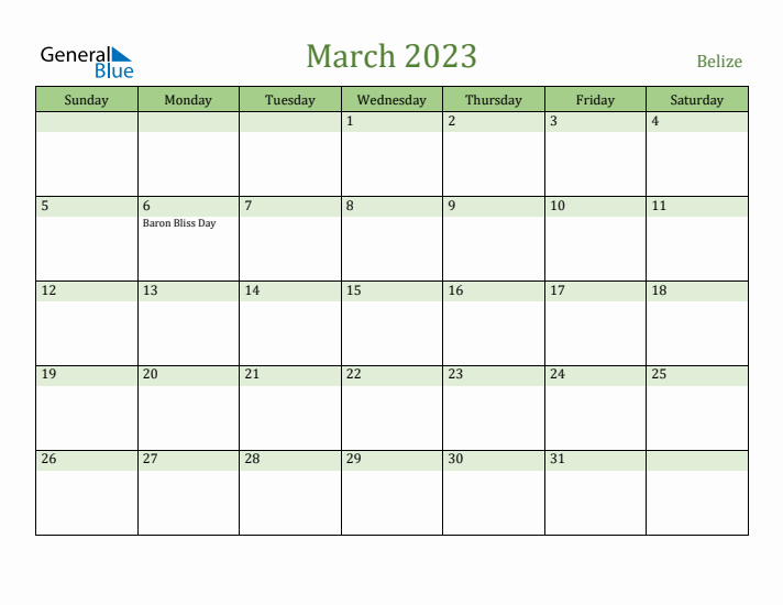 March 2023 Calendar with Belize Holidays