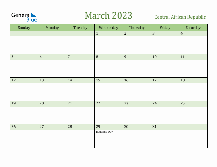 March 2023 Calendar with Central African Republic Holidays