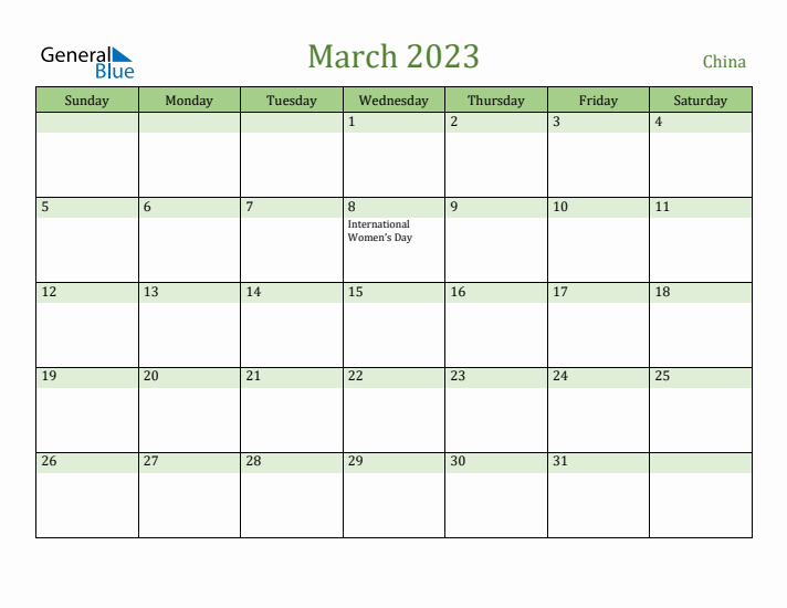 March 2023 Calendar with China Holidays