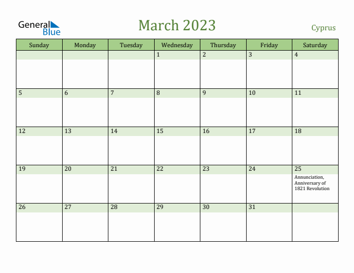 March 2023 Calendar with Cyprus Holidays