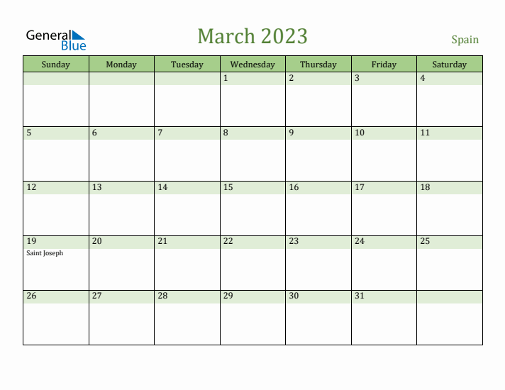 March 2023 Calendar with Spain Holidays