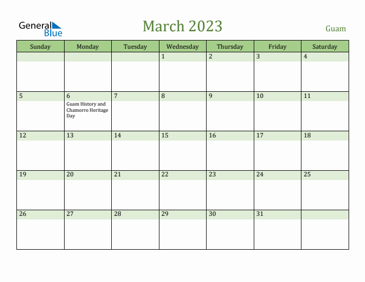 March 2023 Calendar with Guam Holidays