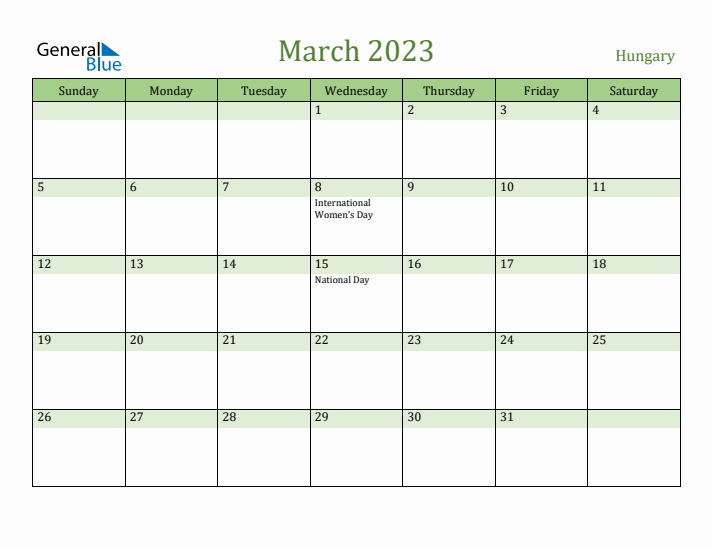 March 2023 Calendar with Hungary Holidays