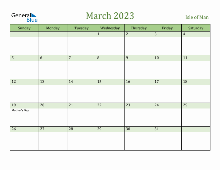 March 2023 Calendar with Isle of Man Holidays