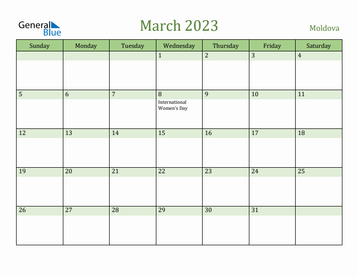 March 2023 Calendar with Moldova Holidays