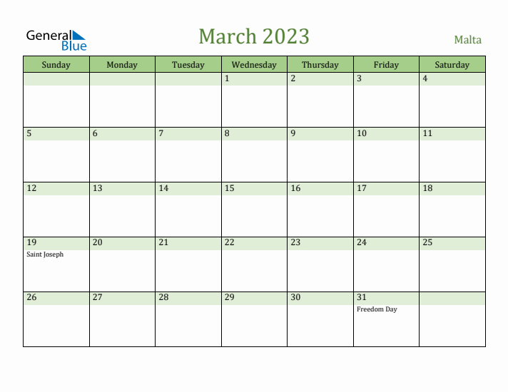 March 2023 Calendar with Malta Holidays