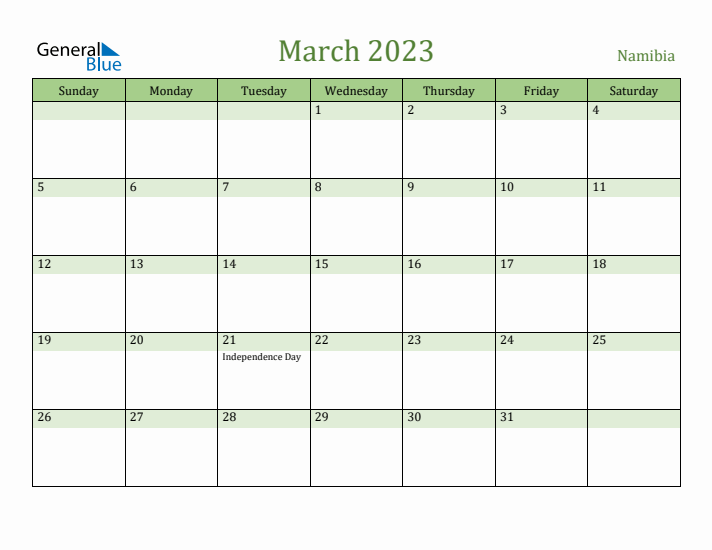 March 2023 Calendar with Namibia Holidays