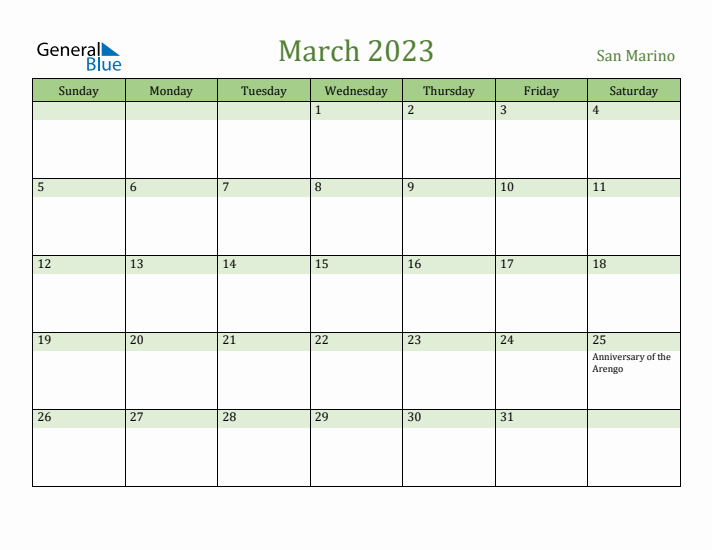 March 2023 Calendar with San Marino Holidays