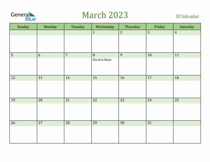 March 2023 Calendar with El Salvador Holidays