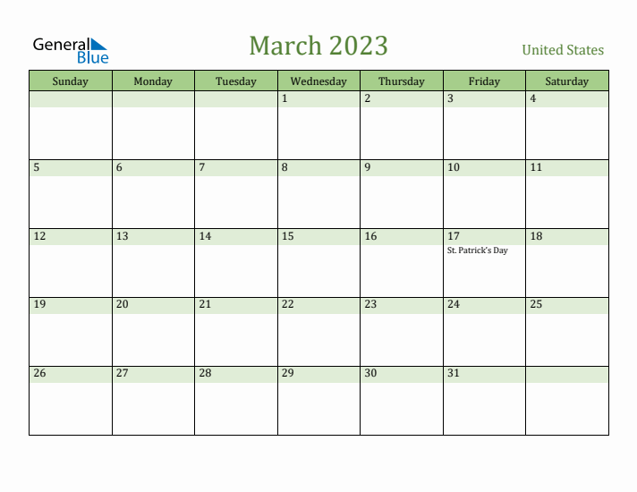 March 2023 Calendar with United States Holidays