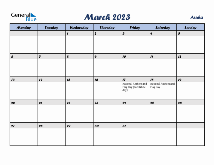 March 2023 Calendar with Holidays in Aruba