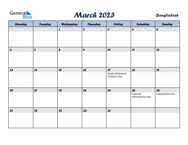 March 2023 Calendar with Holidays in Bangladesh