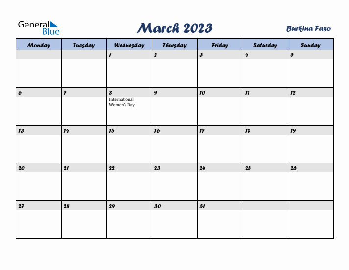 March 2023 Calendar with Holidays in Burkina Faso