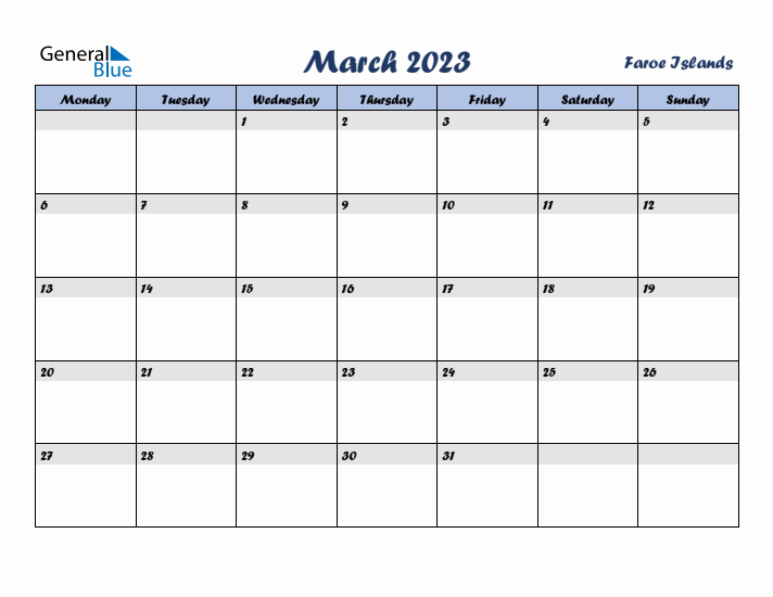 March 2023 Calendar with Holidays in Faroe Islands