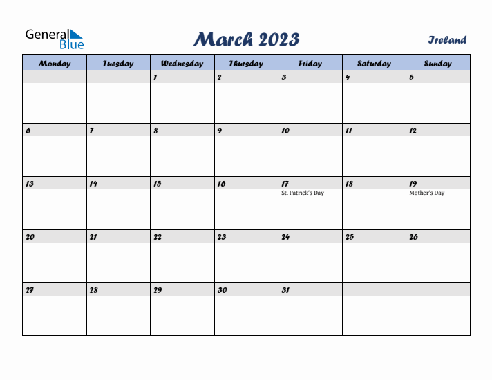 March 2023 Calendar with Holidays in Ireland