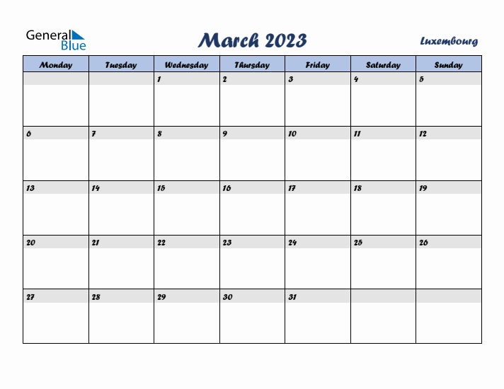 March 2023 Calendar with Holidays in Luxembourg