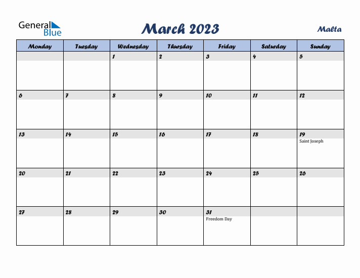 March 2023 Calendar with Holidays in Malta