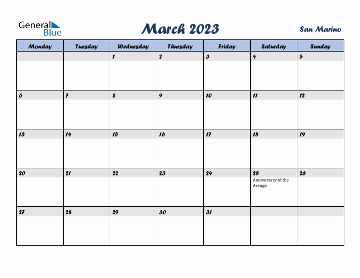 March 2023 Calendar with Holidays in San Marino