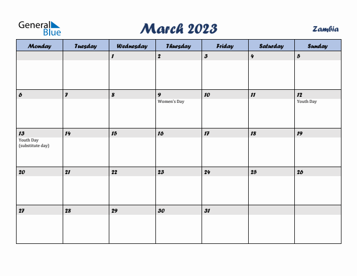 March 2023 Calendar with Holidays in Zambia