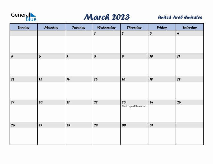 March 2023 Calendar with Holidays in United Arab Emirates