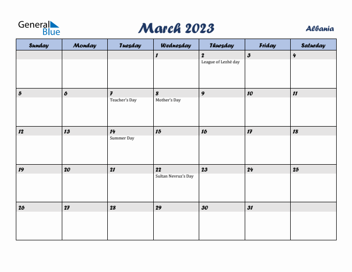 March 2023 Calendar with Holidays in Albania