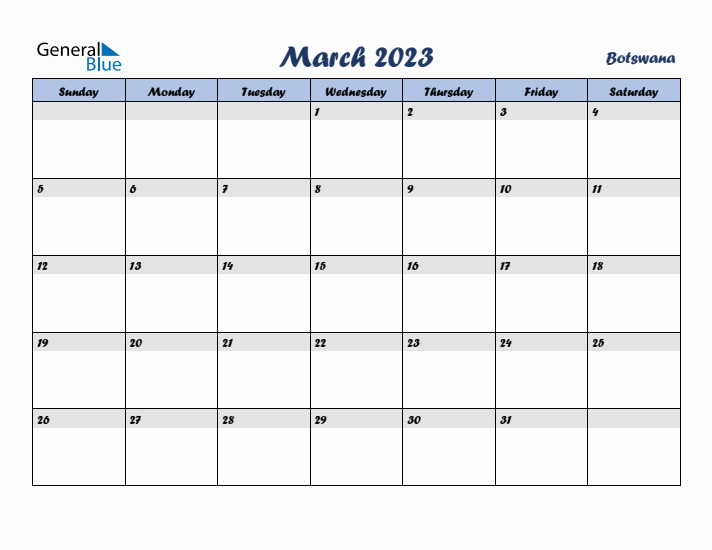 March 2023 Calendar with Holidays in Botswana