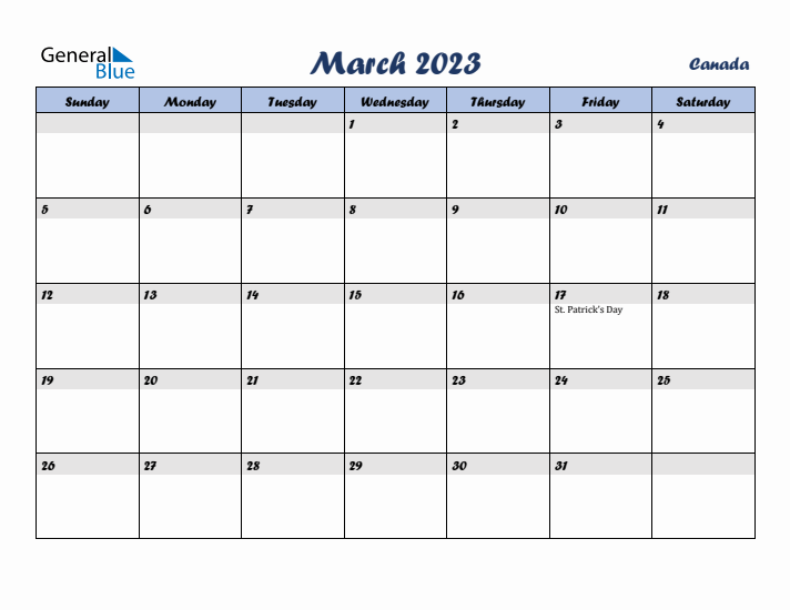 March 2023 Calendar with Holidays in Canada