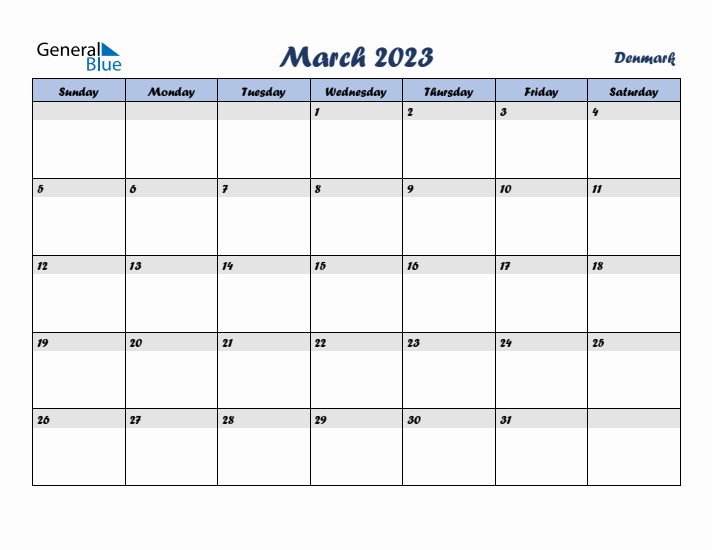 March 2023 Calendar with Holidays in Denmark