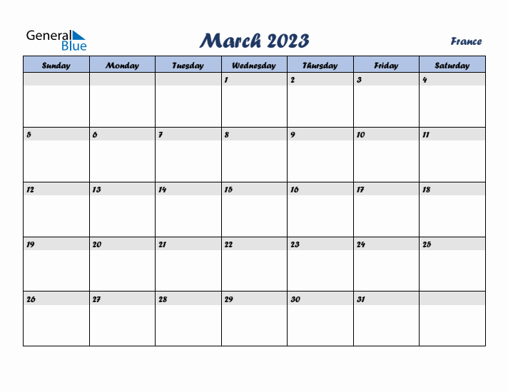 March 2023 Calendar with Holidays in France