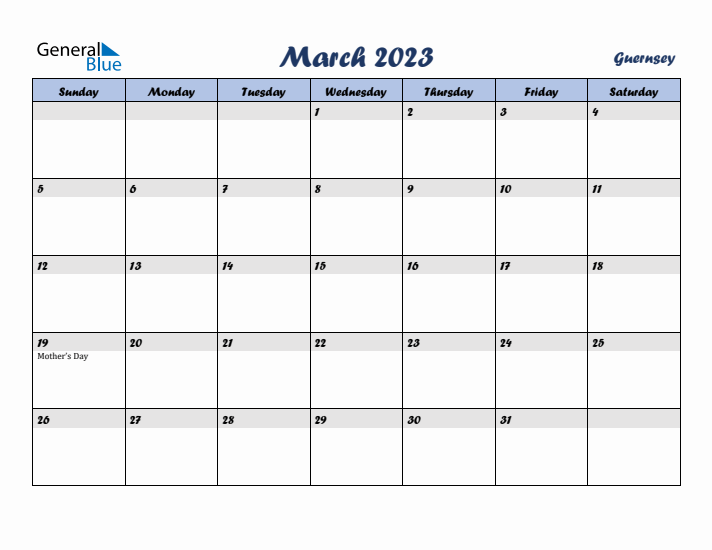 March 2023 Calendar with Holidays in Guernsey