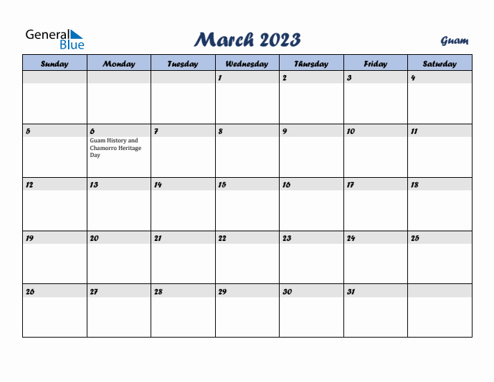 March 2023 Calendar with Holidays in Guam