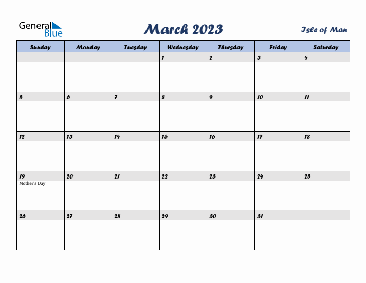 March 2023 Calendar with Holidays in Isle of Man