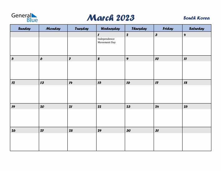 March 2023 Calendar with Holidays in South Korea