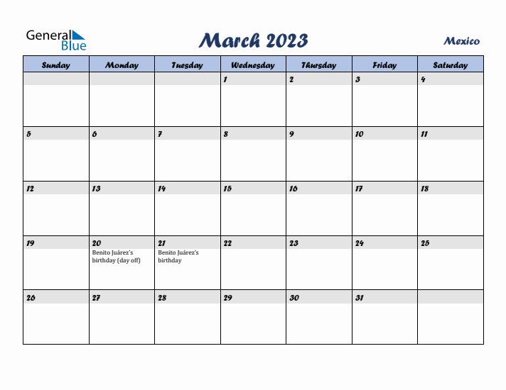 March 2023 Calendar with Holidays in Mexico