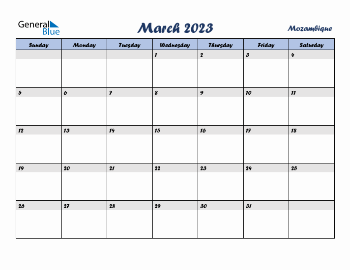 March 2023 Calendar with Holidays in Mozambique