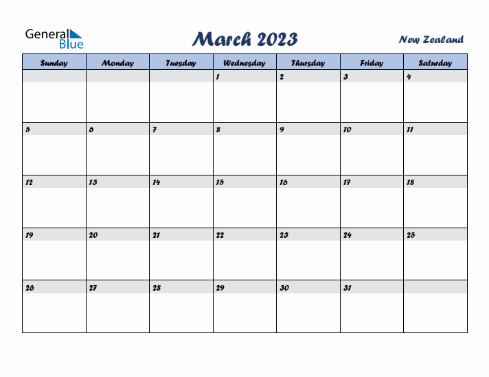 March 2023 Calendar with Holidays in New Zealand