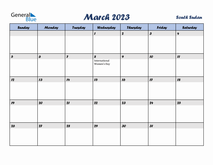 March 2023 Calendar with Holidays in South Sudan