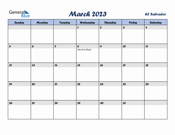 March 2023 Calendar with Holidays in El Salvador