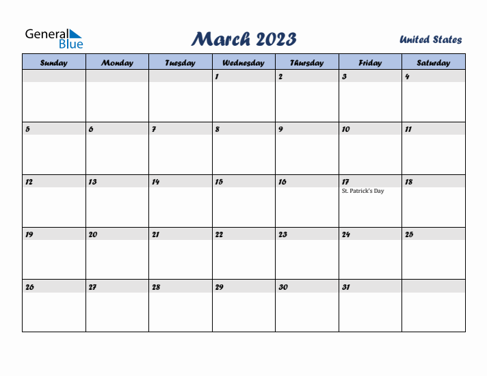 March 2023 Calendar with Holidays in United States