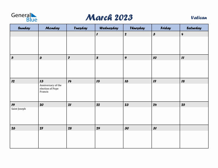 March 2023 Calendar with Holidays in Vatican