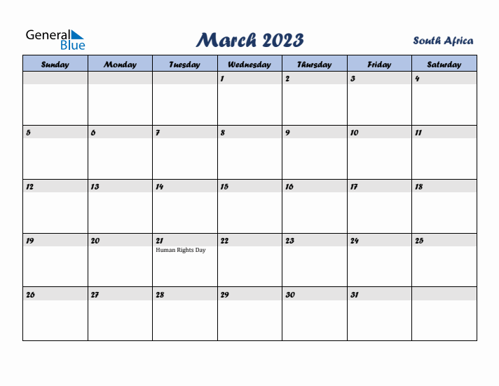 March 2023 Calendar with Holidays in South Africa