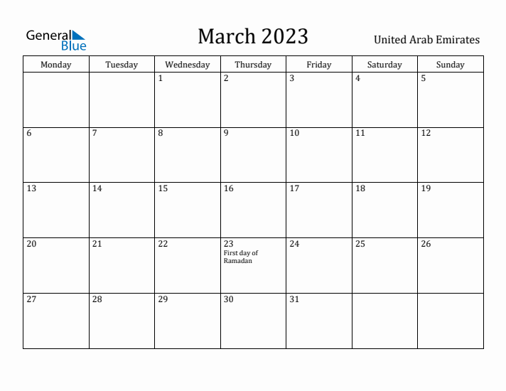 March 2023 Calendar United Arab Emirates