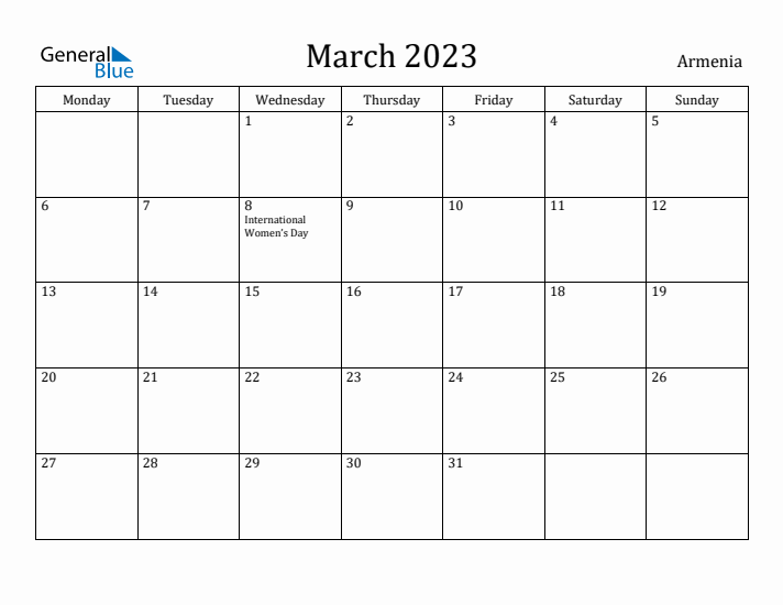 March 2023 Calendar Armenia