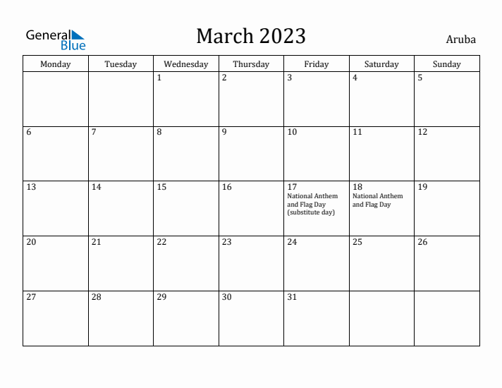 March 2023 Calendar Aruba